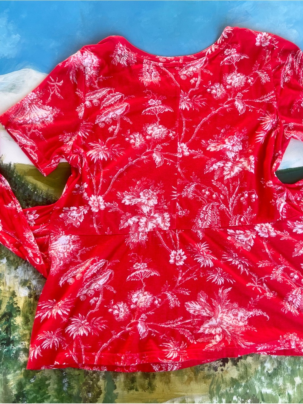 Anthropologie Coral Floral Tie-Waist Short Sleeve Top - Picture 3 of 9